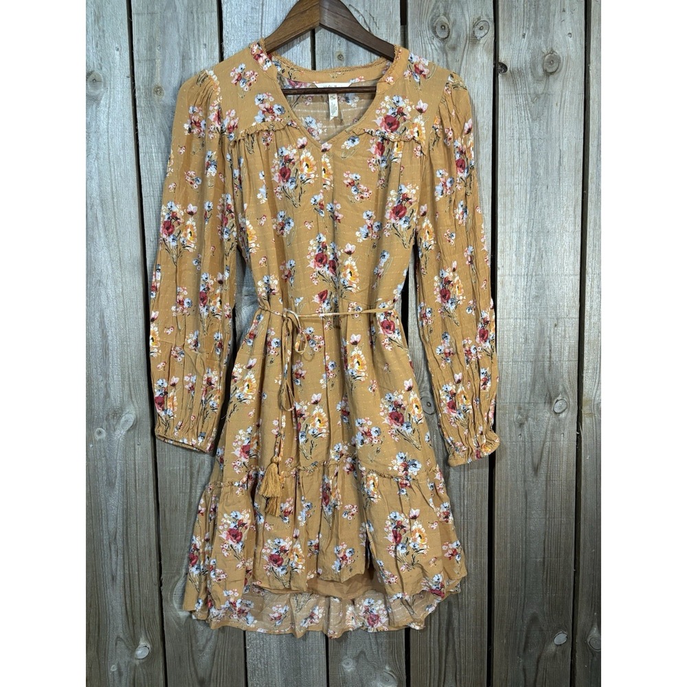 Matilda Jane Floral Dress 3/6 | Mustard Yellow Boho Long Sleeve Tie Waist